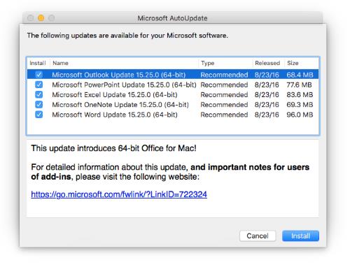 august update for office 2016 mac